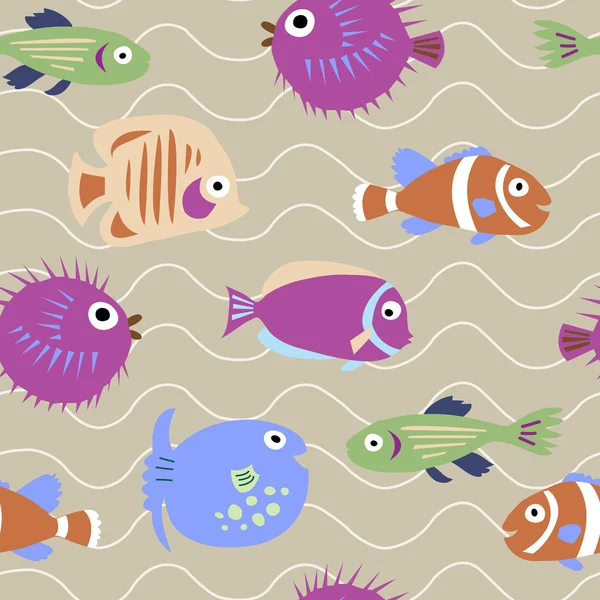 Nahtloses Muster mit Meeresfischen mit Wellen — Stockvektor