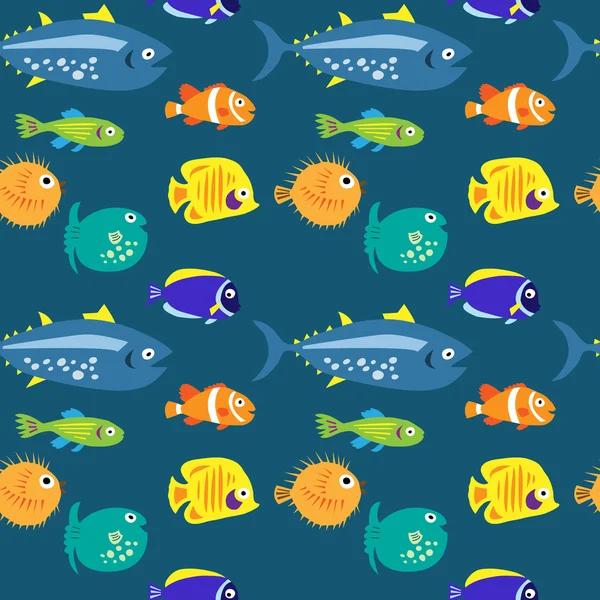 与海水鱼在蓝色背景上的无缝模式 — 图库矢量图片