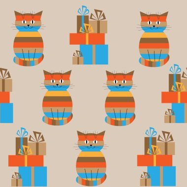 Sevimli kediler ve hediyeler ile kesintisiz çizgili desen