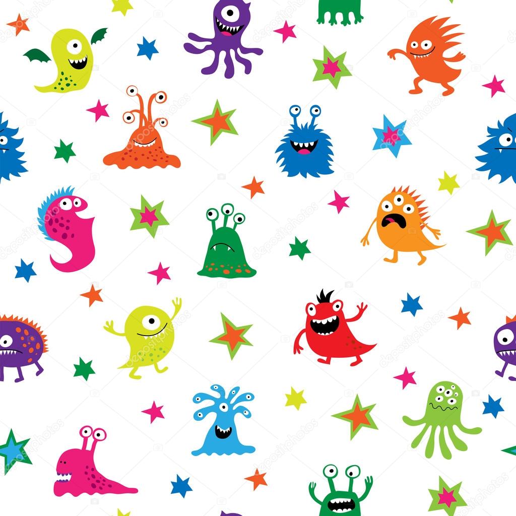 Seamless pattern with different monsters and stars