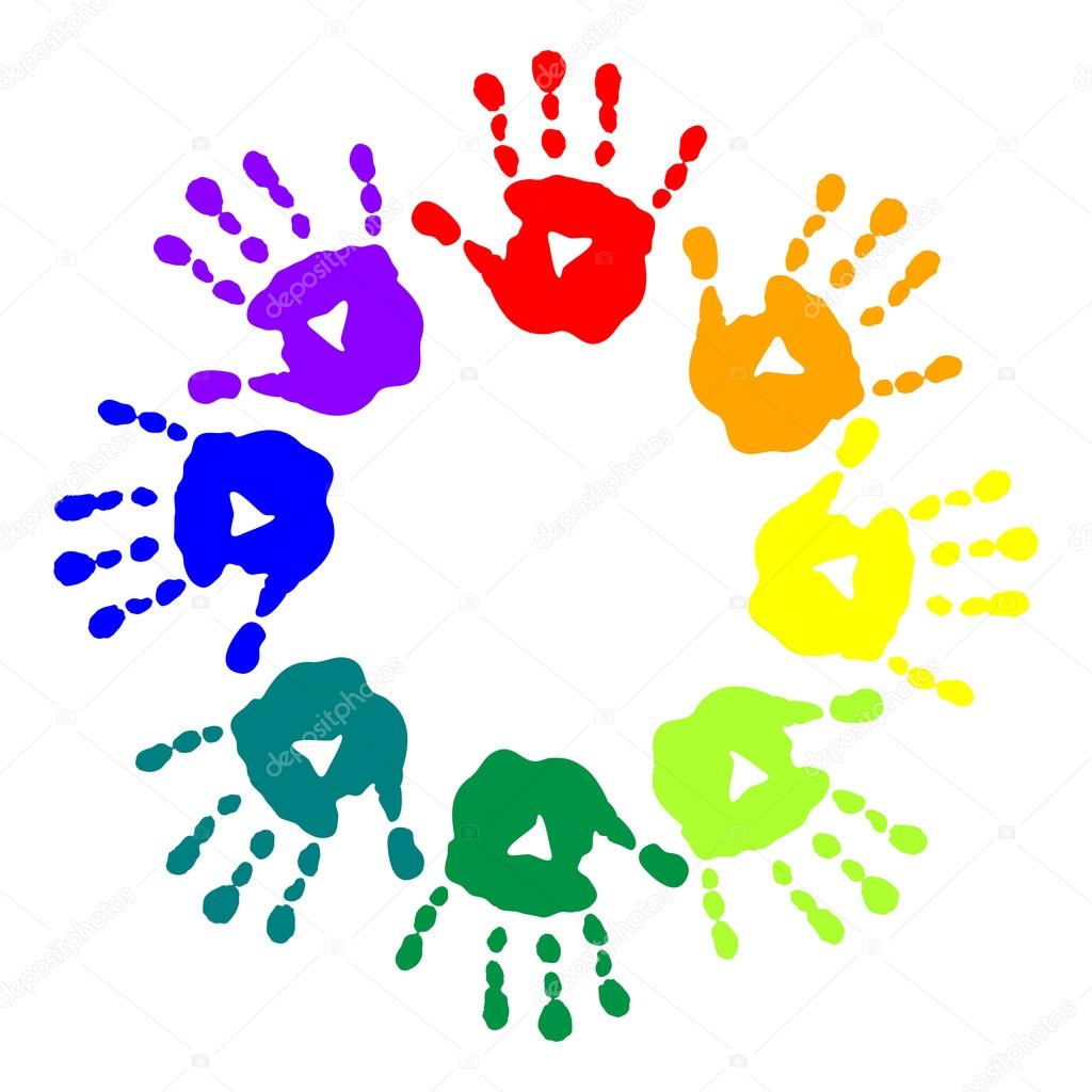 Bright postcard with colorful handprints