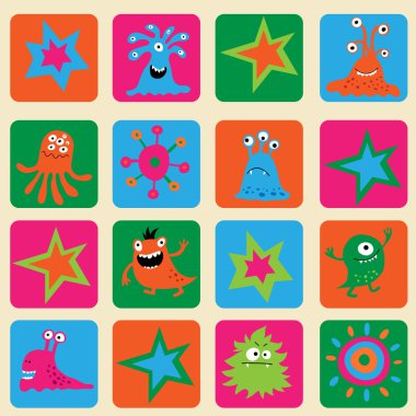Seamless pattern with colorful monsters and stars