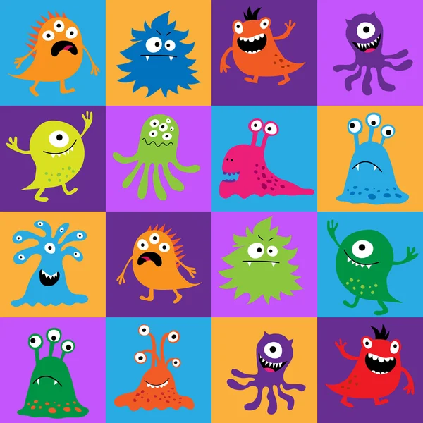 Seamless pattern with colorful monsters in squares — Stock Vector