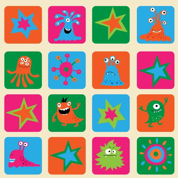 Seamless pattern with colorful monsters and stars — Stock Vector
