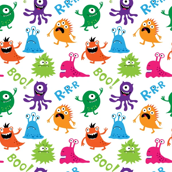 Seamless pattern with cute monsters and inscriptions — Stok Vektör