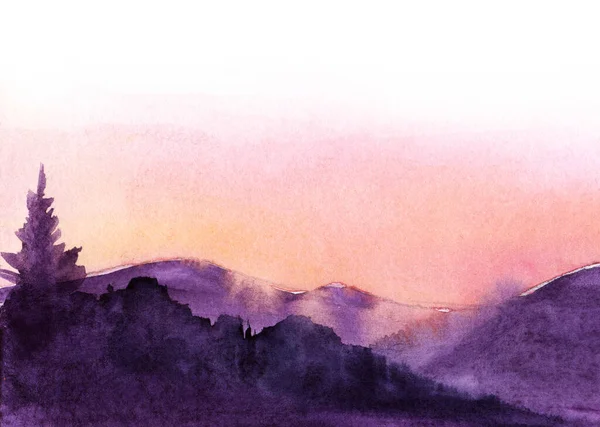 Heitere Aquarelllandschaft der Berge. Sonnenaufgang zartes Gefälle des Himmels von weiß nach rosa und leichte Pfirsichtöne. Dunkelviolette verschwommene Silhouetten dichten Waldes vor hohen schneebedeckten Bergen — Stockfoto