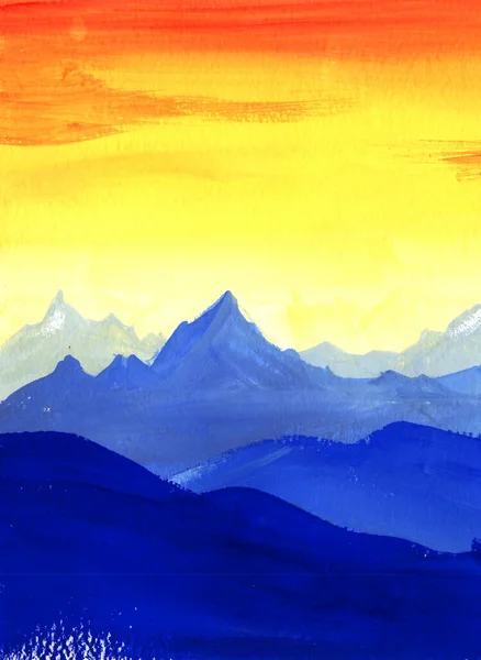 Сюрреалістичний акварельний контрастний пейзаж яскраво-синіх гірських хребтів на тлі градієнтного вогненно-оранжевого неба. Рука намальована пензлем інсульт ілюстрація заходу сонця в горах — стокове фото