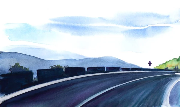 Акварельний пейзаж двосмугової дороги з різким поворотом на синьо-біле небо і віддаленими розмитими силуетами гір. Рука намальована ілюстрація з запахом свободи — стокове фото