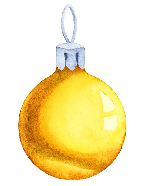 Immagine ad acquerello di bellissimo ornamento natalizio. Luminosa palla gialla isolata su sfondo bianco. Illustrazione disegnata a mano di giocattolo per albero Di Capodanno. Elemento decorativo per scrapbooking — Foto Stock