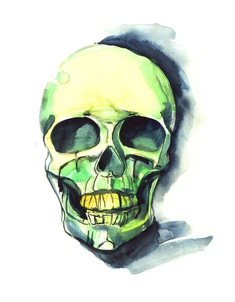 Beyaz arka planda yeşilimsi insan kafatasının suluboya resmi. Elleri çizilmiş kemik kafalı, yüzünde korkunç bir gülümseme ve koyu boş göz çukurları var. Tişört baskısı için modern illüstrasyon — Stok fotoğraf
