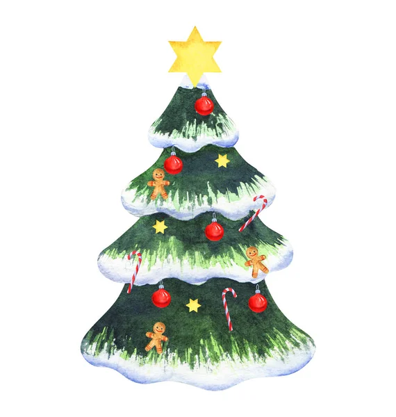 Aquarel afbeelding van mooie speelgoed kerstboom versierd met heldere rode ballen, peperkoek mannen, snoep stokken en gele sterren met grote op de top. Symbool van Kerstmis geïsoleerd op witte achtergrond — Stockfoto