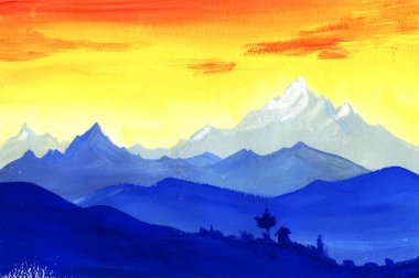 Bright watercolor landscape of sunrise in mountains. Gradient layers of blue mountain ranges against vivid orange and yellow sky. Blurred silhouettes of small hamlet lost among high mountain peaks clipart
