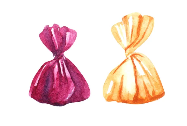 Imagem aquarela de dois doces em envoltório brilhante de cores carmesim e dourado isolado no fundo branco. Ilustração desenhada à mão de trufas de chocolate. Doces festivos — Fotografia de Stock
