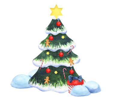 Kırmızı toplarla süslenmiş suluboya Noel ağacı resmi, zencefilli kurabiye adamlar, baston şekerler ve tepesinde büyük olan sarı yıldızlar. Noel 'in simgesi, karın içinde duruyor, yanındaki kutuyla.