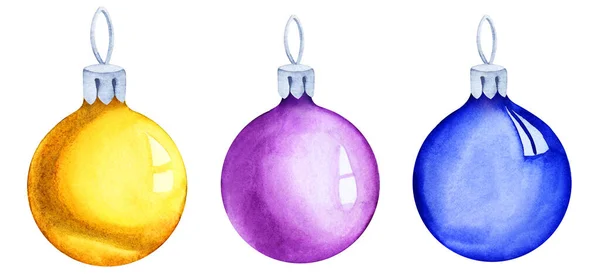 Acuarela decorativa conjunto de bolas de vidrio de color amarillo, púrpura y azul aislado sobre fondo blanco. Decoración dibujada a mano del árbol de Navidad. Ilustración de elementos coloridos para scrapbooking —  Fotos de Stock