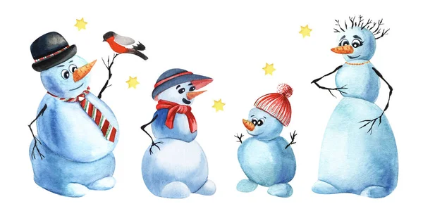 Watercolor image of cartoon snowmen family on white background with yellow stars. Snowman dad with bullfinch on his arm, snowman mom wearing red necklace and their two snowmen children in funny hats