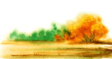 Elle boyanmış suluboya sonbahar manzarası yumuşak, sıcak gölgeler. Beyaz arka planda yeşil ve tüylü altın çalıları olan açık kahverengi bir açıklık. Yumuşak düşüşün empresyonist çizimi