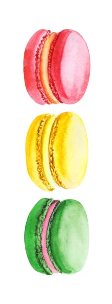 Image aquarelle de feux de circulation créatifs composés de trois macarons de couleurs rouge, jaune et verte. Illustration dessinée à la main du signal routier mangeable. Délicieux biscuits croquants à la saveur d'amande — Photo