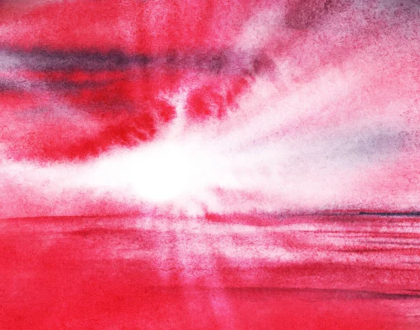Abstrakt ljus akvarell bakgrund. Färgglada suddiga landskap crimson solnedgång himmel med lysande solljus bryter igenom moln och återspeglas i gränslöst hav. Handritad marinillustration — Stockfoto