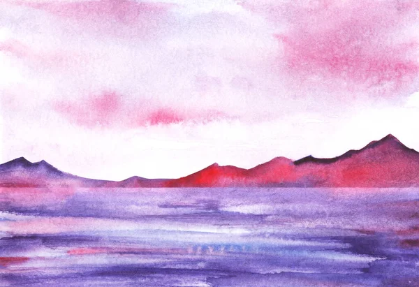 Paysage abstrait aquarelle romantique. Ciel doux lilas et rose se reflétant dans le lac de montagne et la chaîne de montagnes floue. Illustration dessinée à la main de la nature sereine sur papier texturé — Photo