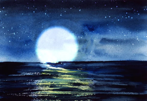 Romantische Aquarelllandschaft mit atemberaubendem nächtlichen Sternenhimmel und riesigem Vollmond über tiefdunklem Meer. Ruhige Wasseroberfläche reflektiert Mondlicht. Handgezeichnete Illustration der schönen Nachtsicht — Stockfoto