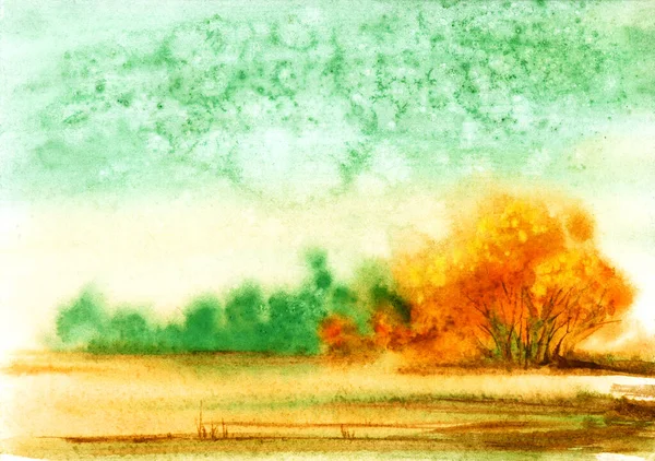 Ніжна осіння пейзажна рука, пофарбована акварелями в м'які теплі відтінки. Голим коричневим полем з зеленню і пухнастими золотими кущами проти казкового зеленого неба. імпресіоністична ілюстрація м'якого падіння Стокове Фото