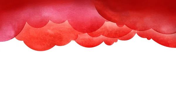 Acuarela abstracta fondo rojo y blanco. Nubes redondas de color rojo intenso en la parte superior de la página sobre fondo blanco. plantilla de borde superior dibujado a mano. —  Fotos de Stock