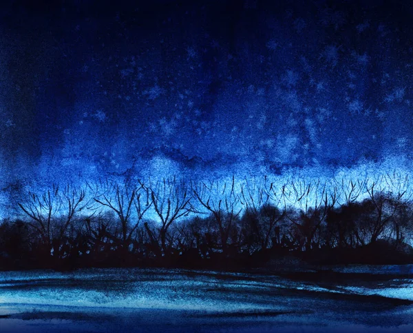 Absztrakt akvarell háttér. Éjszakai akvarell táj késő ősszel. Sötétkék ég, csupasz fák fekete sziluettje vékony ágakkal és üres mezővel. Kézzel rajzolt illusztráció nedves papíron — Stock Fotó