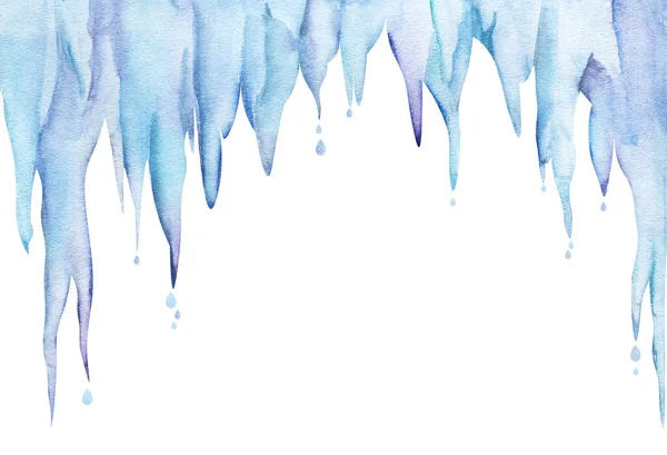 Modèle de bordure supérieure aquarelle. Bloc massif suspendu de glaçons fondus avec des gouttes d'eau pure tombantes. stalactites bleues sur fond blanc. Illustration d'hiver dessinée à la main avec place pour le texte — Photo