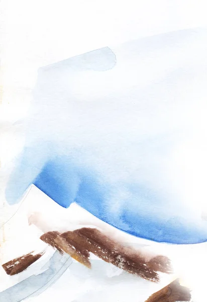 Fondo de acuarela abstracto. Rough pincelada bosquejo de paisaje de montaña. Cielo azul degradado, picos de montaña nevados con manchas marrones de tierra y valle nevado blanco. —  Fotos de Stock