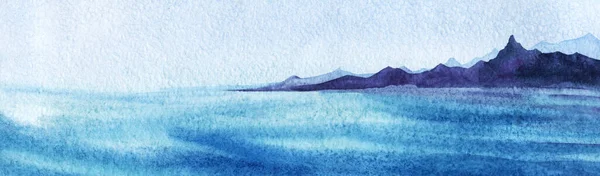 Fond aquarelle abstrait de nuances bleues. Paysage marin avec mer bleue calme, silhouettes sombres et vagues de l'île rocheuse et ciel bleu doux. Illustration pacifique dessinée à la main sur papier texturé — Photo