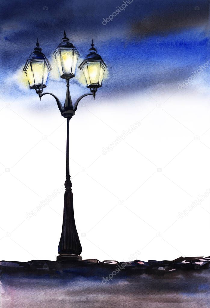 Hand drawn page template with white central part. Watercolor evening landscape of ornate street lamp on blurry paving stones with burning lanterns against dark blue sky with cumulus clouds