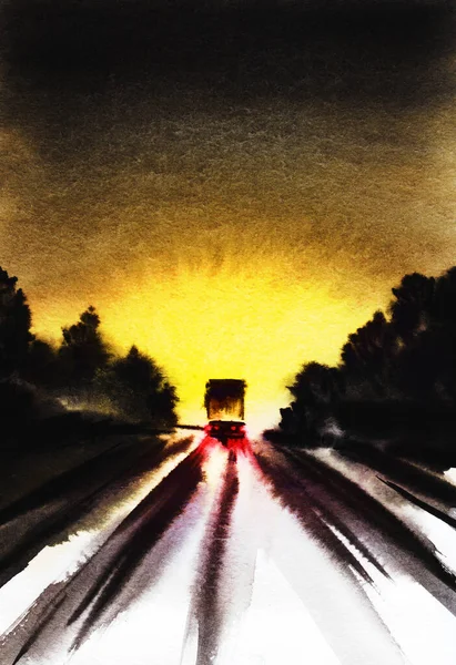 Абстрактный акварельный пейзаж с грузовиком, идущим через темный лес по черным силуэтам деревьев к яркому сияющему свету заходящего солнца. Ручная иллюстрация на текстурной бумаге Лицензионные Стоковые Изображения