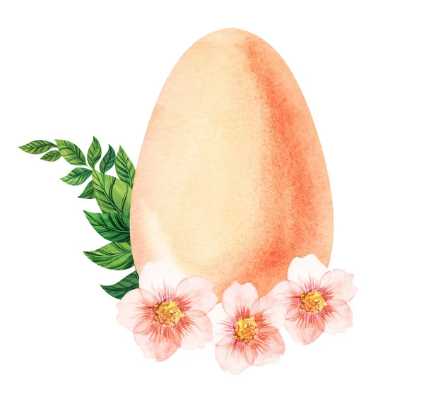 Акварельне зображення пасхального яйця м'якого персикового кольору, прикрашеного гілочкою квітучого шипшини. Ручний намальований декоративний елемент ізольовано на білому тлі. Вітальна листівка на яскраве святкування Великодня — стокове фото