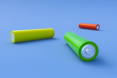 Üç tane boş yeşil kırmızı ve sarı renkli pil. Ya da mavi arka plana saçılmış aaa büyüklüğünde. Alternatif yakıt kavramı ve ekolojiyi kurtarmak. 3d oluşturma