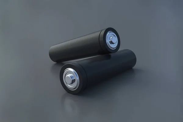 Zwei Schwarze Leere Batterien Oder Aaa Größe Auf Grauem Hintergrund — Stockfoto