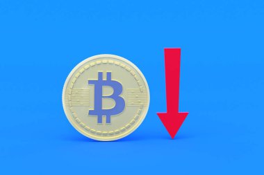 Mavi arkaplanı işaret eden kırmızı okun yanında kripto para birimi bitcoin var. Döviz kurunda düşüş, talep ve sanal para biriminin popülerliği. Kârda azalma. E-para konsepti. 3d oluşturma
