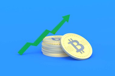 Mavi arkaplanı işaret eden okun yanında şifreli para birimi bitcoin var. Sanal para biriminde artış, talep ve popülerlik. Karı arttırdı. E- depozito konsepti. 3d oluşturma