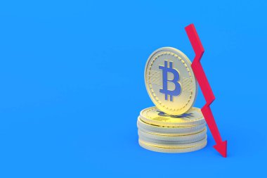 Mavi arkaplanı işaret eden kırmızı okun yanında kripto para birimi bitcoin var. Döviz kurunda düşüş, talep ve sanal para biriminin popülerliği. Kârda azalma. E-para konsepti. 3d oluşturma