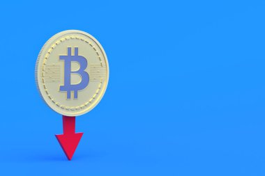 Mavi arkaplanı işaret eden kırmızı okun yanında kripto para birimi bitcoin var. Döviz kurunda düşüş, talep ve sanal para biriminin popülerliği. Kârda azalma. E-para konsepti. 3d oluşturma