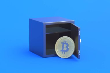 Mavi arka plandaki çelik kutunun yanında şifreli para birimi. İsimsiz depolama ya da para transferi. Yurtdışına gizlice para çekmek. Sanal para yatırımı. 3d oluşturma