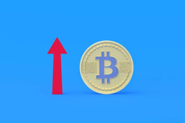 Moneta Kryptowaluta Bitcoin Pobliżu Czerwonej Strzałki Wskazując Górę Niebieskim Tle — Zdjęcie stockowe