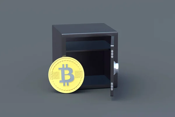 Moneta Kryptowaluta Bitcoin Pobliżu Strongbox Szarym Tle Anonimowe Przechowywanie Lub — Zdjęcie stockowe