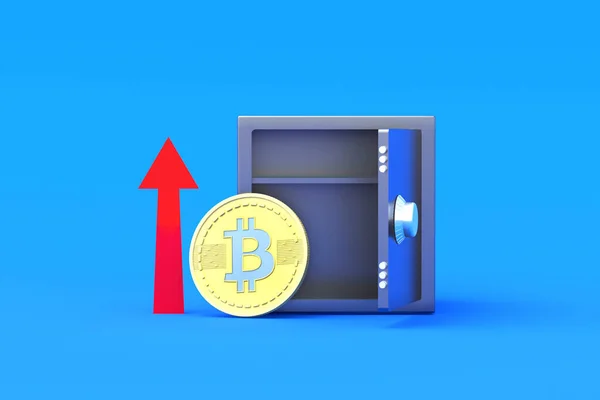 Moneta Kryptowaluta Bitcoin Pobliżu Czerwonej Strzałki Górę Bezpiecznie Niebieskim Tle — Zdjęcie stockowe