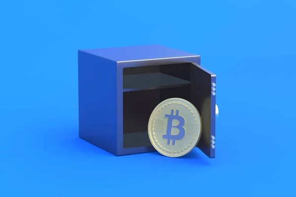 蓝色背景的强框附近的加密比特币硬币硬币硬币 匿名储存或转移资金 向境外秘密提款 虚拟货币存款 3D渲染 — 图库照片