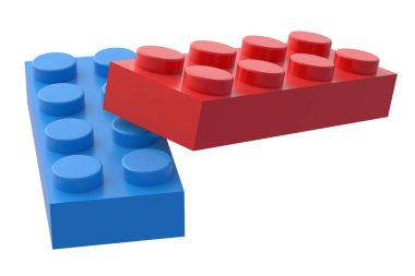 Beyaz arka planda izole edilmiş mavi ve kırmızı oyuncak blokları. Gelişmekte olan çocuklar için dikdörtgen şekilli yapıcı. Anaokulunda eğitim için tuğlalar. İnşaatçının parçaları. 3d oluşturma