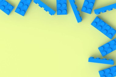 Sarı arka planda dağınık plastik oyuncak blokları. Gelişmekte olan çocuklar için dikdörtgen şekilli yapıcı. Anaokulunda eğitim için tuğlalar. İnşaatçının parçaları. Uzayı kopyala 3d oluşturma