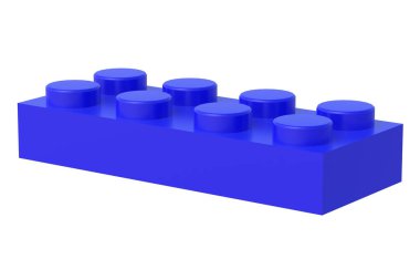 Beyaz arka planda izole edilmiş mavi plastik oyuncak bloğu. Gelişmekte olan çocuklar için dikdörtgen şekilli yapıcı. Anaokulunda eğitim için tuğla. İnşaatçılar için bir parça. 3d oluşturma