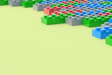 Sarı arka planda renkli plastik oyuncak blokları. Gelişmekte olan çocuklar için dikdörtgen şekilli yapıcı. Anaokulunda eğitim için tuğlalar. İnşaatçının parçaları. Uzayı kopyala 3d oluşturma