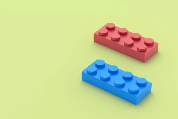 黄色の背景にプラスチック製のおもちゃのブロック 開発子用の長方形の形状コンストラクタ 就学前教育のためのレンガ コンストラクタの部品 コピースペース 3Dレンダリング — ストック写真